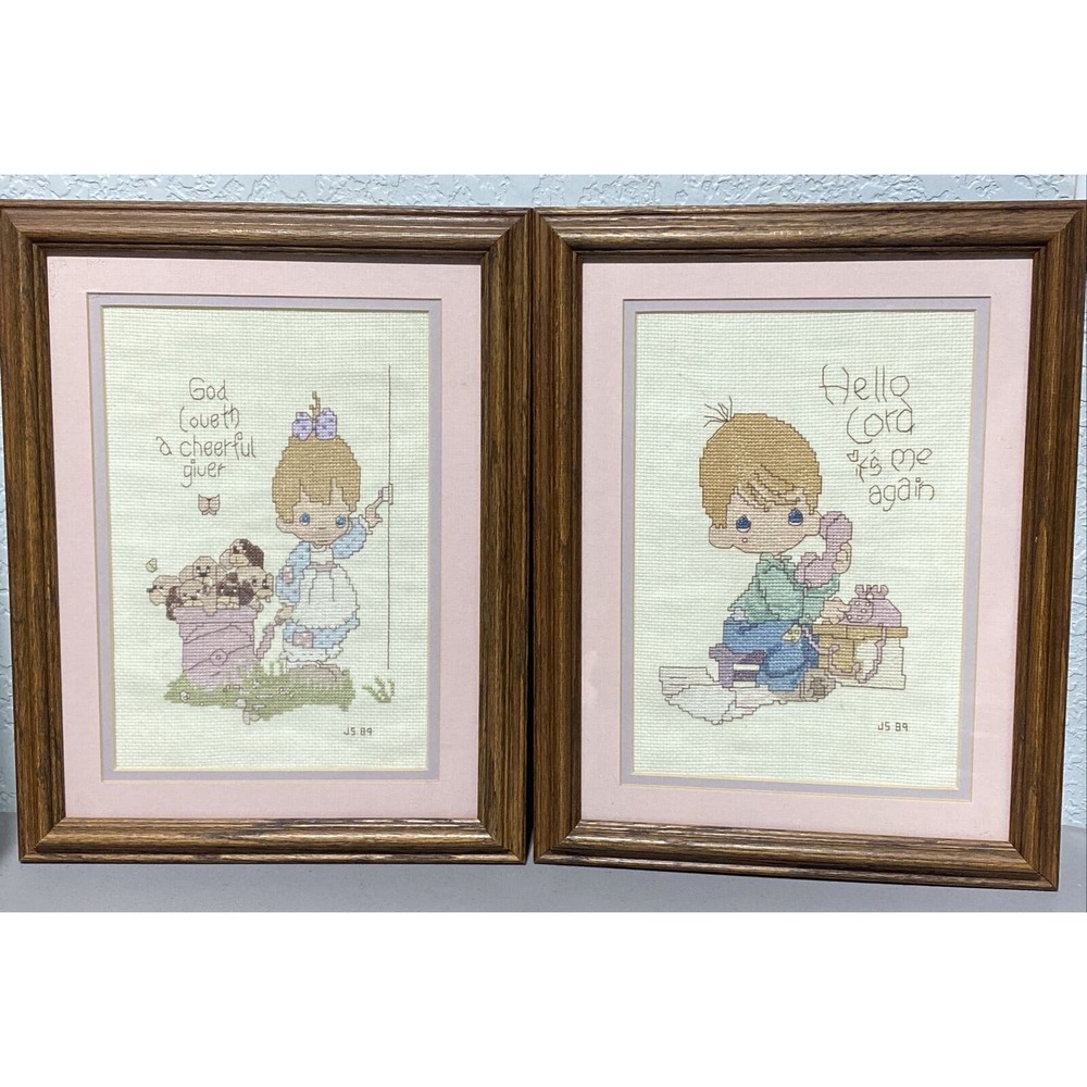 VTG Framed Needlepoint Cross Stitch Precious Moments Christian Signed Dated Set